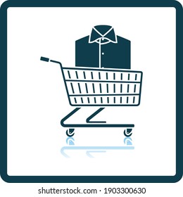 Shopping Cart With Clothes (Shirt) Icon. Square Shadow Reflection Design. Vector Illustration.