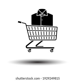 Shopping Cart With Clothes (Shirt) Icon. Black on White Background With Shadow. Vector Illustration.