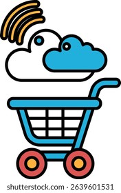 A shopping cart with a cloud in the background. The cart is blue and red