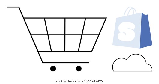 Shopping cart with cloud and shopping bag. Ideal for e-commerce, online shopping, digital marketing, retail business, tech industry. Minimalistic, modern, clean style