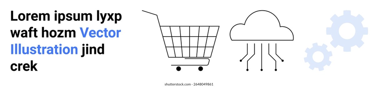 Shopping cart, cloud with circuits, and gears beside placeholder text. Ideal for e-commerce, technology, digital marketing, cloud services, innovation, online shopping, IT solutions. Banner
