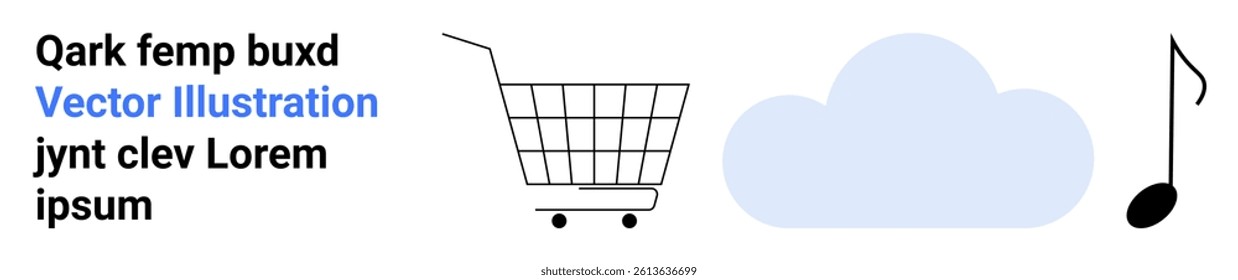 Shopping cart, cloud, and music note icons in a clean design. Ideal for technology, e-commerce, cloud computing, online shopping, and digital music services. Banner for landing page