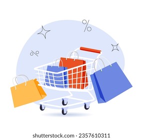 Shopping cart with cloud for online shopping and digital marketing ideas. Cartoon basket shop cart and promotional labels on white background shopping bag buy sell discount 3d vector icon illustration