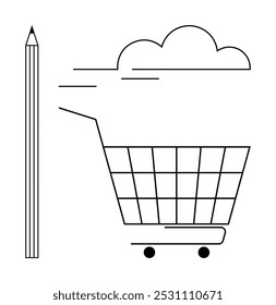 Shopping cart with cloud and pencil. Ideal for creative ideas, online shopping, innovation, e-commerce, and modern design. Simple, minimalist, and clean style