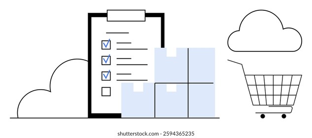 Shopping cart cloud storage checklist on clipboard and stacked boxes. Ideal for online shopping inventory management cloud storage e-commerce digital marketing retail logistics organization