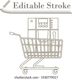 Shopping Cart With Cofee Machine Icon. Editable Stroke Simple Design. Vector Illustration.