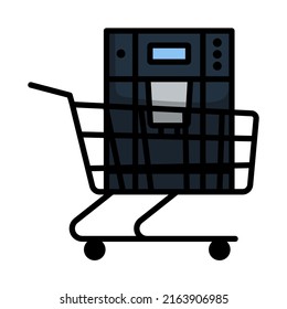 Shopping Cart With Cofee Machine Icon. Editable Bold Outline With Color Fill Design. Vector Illustration.