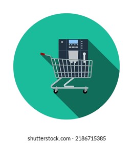 Shopping Cart With Cofee Machine Icon. Flat Circle Stencil Design With Long Shadow. Vector Illustration.