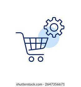 Shopping cart and cogwheel. Shopping settings, cart configuration, checkout process control, e-commerce management, purchase optimization. Pixel perfect, editable stroke vector icon