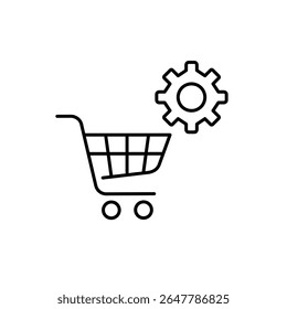 Shopping cart and cogwheel. Shopping settings, cart configuration, checkout process control, e-commerce management, purchase optimization. Pixel perfect, editable stroke vector icon