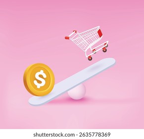 Shopping cart with coin balance discount on sale, holiday sale, poster discount banner offer. 3d mesh and gradient vector illustration background