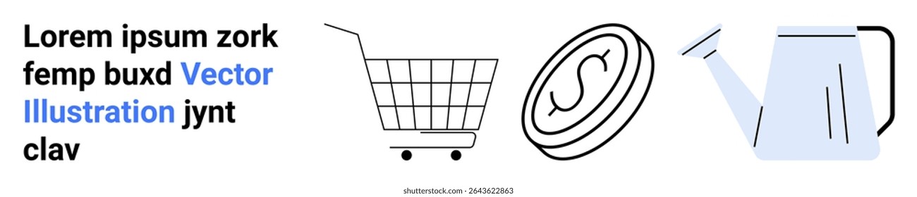 Shopping cart, coin with dollar sign, watering can. Ideal for e-commerce, financial planning, gardening, online shopping, money management, retail, outdoor activities. Banner for landing page