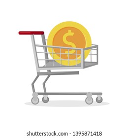 Shopping Cart with Coin Flat Vector Illustration. Commerce, Trade, Marketing Metaphor. Products Buying. Goods and Services Exchange. Money, Currency Isolated Design Element. Wholesale, Retailing