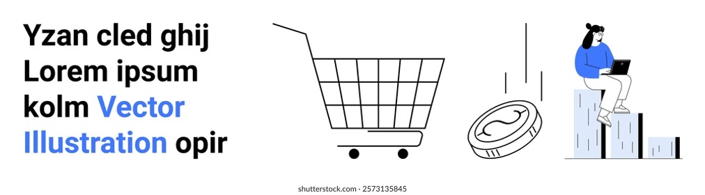 Shopping cart, coin, and person with laptop on bar chart. Ideal for e-commerce, online business, financial growth, digital marketing, and technology. Banner for landing page