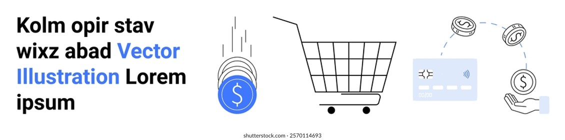 Shopping cart, coins, and a credit card illustrate e-commerce and digital transactions. Ideal for online shopping, payment processing, financial transactions, digital marketing, and retail. Banner