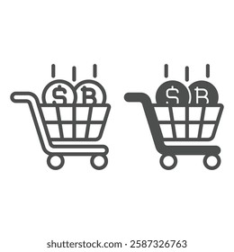 Shopping cart with coins line and solid icon, finance concept. Vector graphics. Consumer trolley with dollar and bitcoin sign on white background, outline style icon for mobile or web design