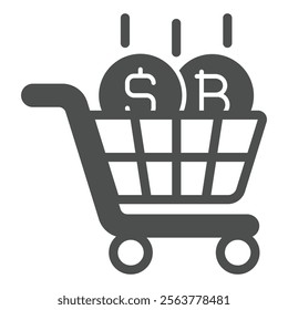 Shopping cart with coins solid icon, finance concept. Vector graphics. Consumer trolley with dollar and bitcoin sign on white background, glyph style icon for mobile or web design