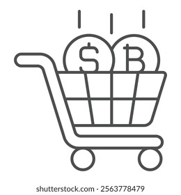 Shopping cart with coins thin line icon, finance concept. Vector graphics. Consumer trolley with dollar and bitcoin sign on white background, outline style icon for mobile or web design