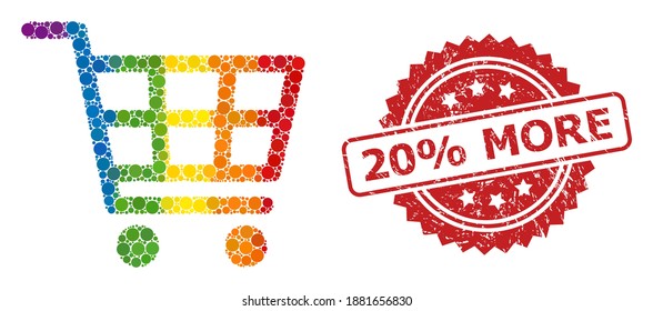 Shopping cart collage icon of filled circle elements in variable sizes and LGBT colored color tones, and 20 percent More dirty rosette seal print. A dotted LGBT-colored Shopping cart for lesbians