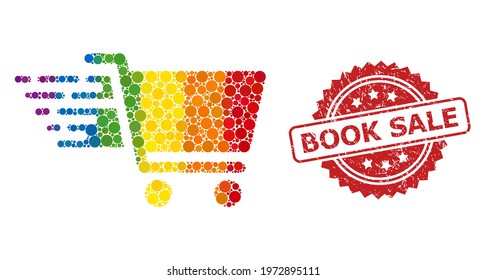 Shopping cart collage icon of round blots in variable sizes and rainbow color tones, and Book Sale textured rosette stamp seal. A dotted LGBT-colored Shopping cart for lesbians, gays,