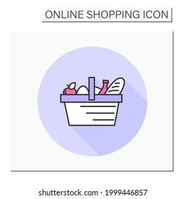 Shopping cart color icon. Full basket of food, grocery. Special offer or sale concept. Mobile retail store or supermarket. Online shopping concept. Isolated vector illustration