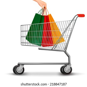 Shopping cart with colorful shopping bags. Discount concept. Vector illustration.