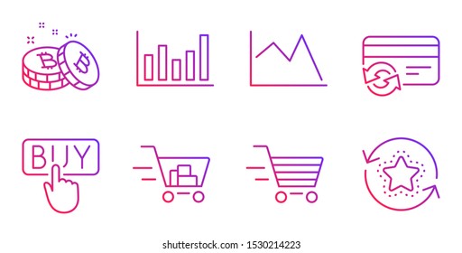 Shopping cart, Column chart and Bitcoin line icons set. Buying, Delivery shopping and Change card signs. Line chart, Loyalty points symbols. Online buying, Financial graph. Finance set. Vector