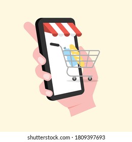 Shopping cart comes out of the smartphone