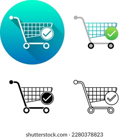 Shopping Cart Complete Finish Success Finance Icon, Set of Flat Long Shadow, Black-White Silhouette, Line Art Logo Icon Symbol Isolated on White Background