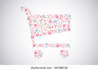 Shopping cart composed for symbols of valentine