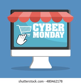 Shopping cart and computer icon. Cyber Monday ecommerce and market theme. Colorful design. Vector illustration
