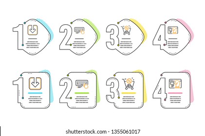 Shopping cart, Computer keyboard and Load document icons simple set. Seo strategy sign. Discount, Pc device, Download arrowhead. Chess knight. Business set. Infographic timeline. Vector