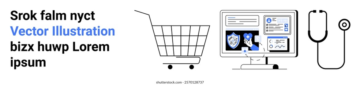 Shopping cart, computer monitor displaying security and analytics, and stethoscope in simplistic vector style. Ideal for e-commerce, healthcare, technology, digital marketing, and app development