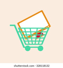Shopping cart with computer screen on flat style, editable vector design
