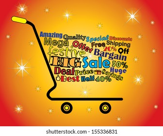 Shopping Cart concept design vector Illustration art: Mega or Big Festive seasonal Sale Shopping Cart Banner with all key texts related to Sale