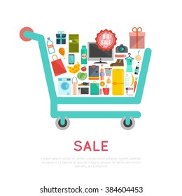 Shopping cart concept with products and goods icons flat vector illustration