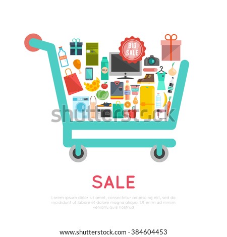 Shopping cart concept with products and goods icons flat vector illustration
