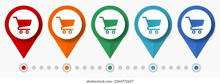 Shopping cart concept vector icon set, flat design shop pointers, infographic template easy to edit