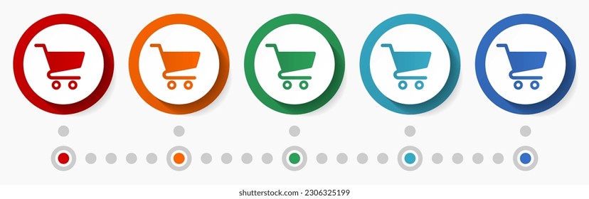 Shopping cart concept vector icon set, infographic template, flat design circle colorful web buttons in 5 color options