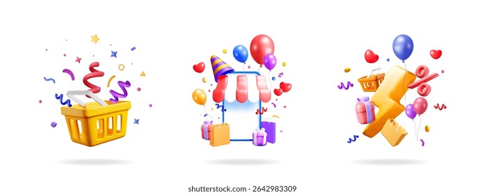 Shopping cart with confetti, online store with party hat, lightning with percent sign. Marketing promotion set.