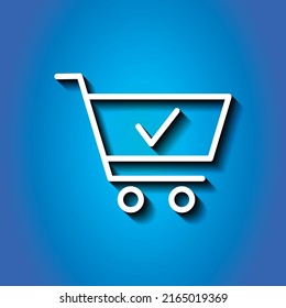 Shopping cart, confirm simple icon vector. Flat design. White icon with shadow on blue background.ai