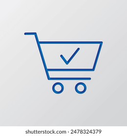 Shopping cart, confirm simple icon vector. Flat design. Paper cut design. Cutted blue symbol with shadow. Gray background.ai