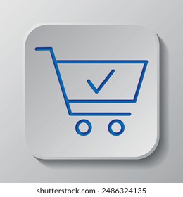 Shopping cart, confirm simple icon vector. Flat design. Paper cut design. Cutted blue symbol with shadow. Gray badge button, gray background.ai
