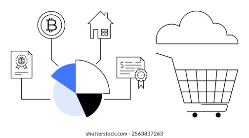 A shopping cart connected to a pie chart via various icons such as a Bitcoin symbol, house, document with a ribbon, and financial certificate. Ideal for financial technology, real estate, investment