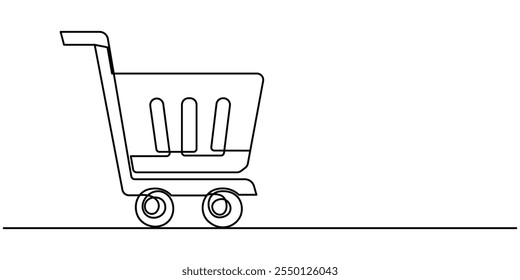 Shopping Cart Continuous Line Icon, Shopping cart continuous one art line drawing. Online shopping in store. Trolley shopping cart business concept. Single line hand drawn style. Vector outline, Shop.
