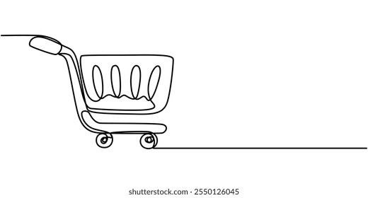 Shopping Cart Continuous Line Icon, Shopping cart continuous one art line drawing. Online shopping in store. Trolley shopping cart business concept. Single line hand drawn style. Vector outline, Shop.