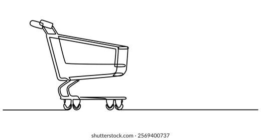 Shopping Cart Continuous Line Icon, Shopping cart continuous one art line drawing. Online shopping in store. Trolley shopping cart business concept. Single line hand drawn style. Vector outline pro.