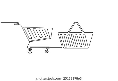 Shopping cart continuous one art line drawing. Online shopping in store. Trolley shopping cart business concept, Single continuous line drawing of a shopping cart