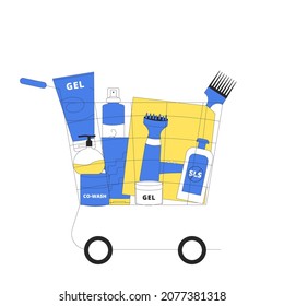 Shopping cart with cosmetics, tools and accessories for curly girl method isolated on white background. Set of products for wavy, curl, coils, afro hairstyles. Vector illustration