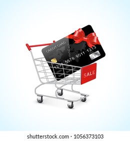 shopping cart with credit card and bow in quick and easy payment e commerce worldwide business concept vector illustration